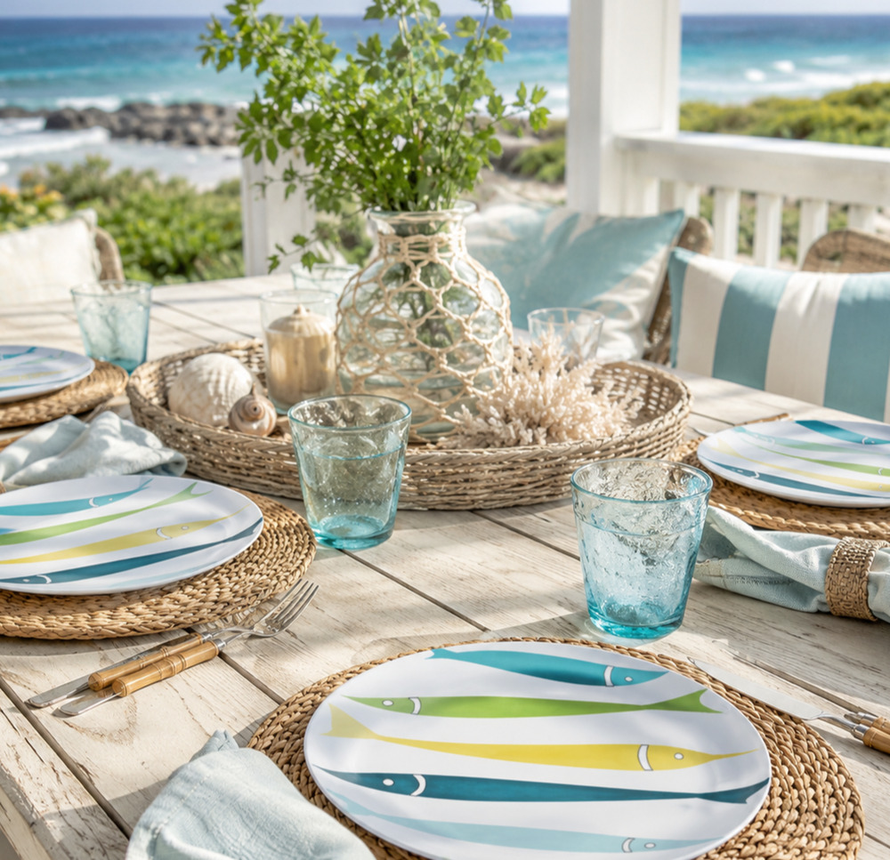 Vintage Bon-Macy’s Coastal Fish Melamine Plates 9” Beach House Set of 8